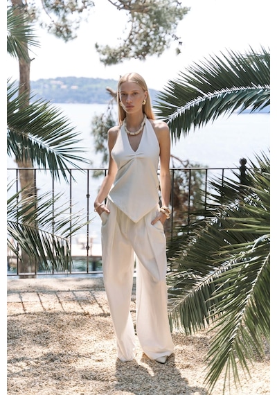 Mai Collection Mai Studios Co. Alidah Pileli Ekru Bol Paça Pantolon Ekru