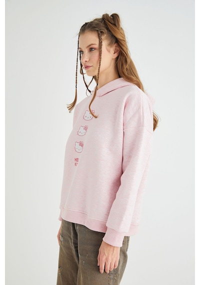 Hello Kitty Lisanslı Baskılı Kapüşonlu Pembe Sweatshirt Renkli