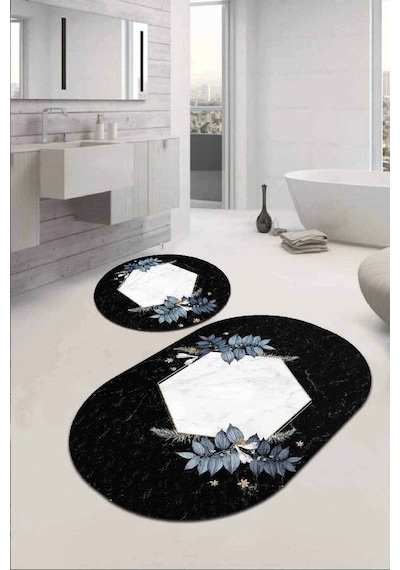 Siyah Çiçekli Banyo Halısı Klozet Oval Paspas Seti Bs090n11