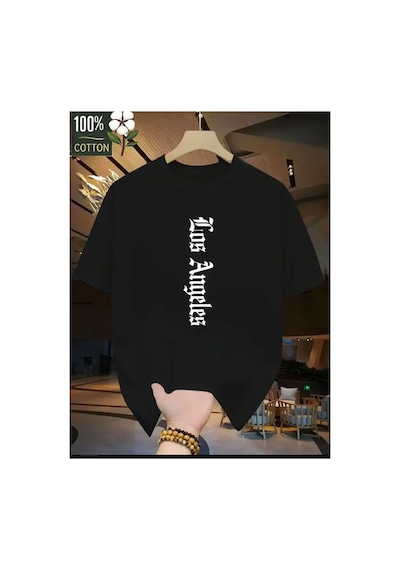Medinenur Los Angeles Yazı Detaylı Basic T-shirt Siyah