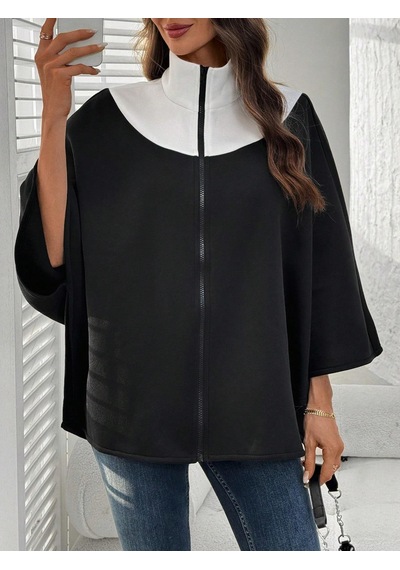 Kadın Panço Fermuarlı Sweat Oversize Kesim, 3 İplik Şardonlu Kumaş Siyah