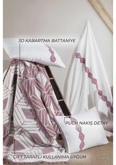 Elart Clark Nevresimli Battaniye Seti 7 Parça Gülkurusu Gülkurusu