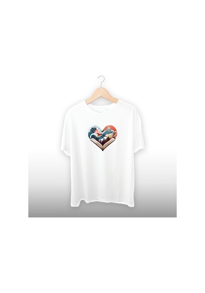 Kalp Kitap Detaylı Unisex Tişört Beyaz