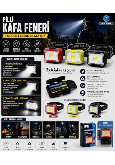 3 Fonksiyonlu Pilli Led Kafa Lambası Feneri Kırmızı