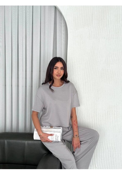 Freedom Storee Kadın Osy Modal Yumuşak Kumaş Bisiklet Yaka T-shirt Bol Paça Pantolon İkili Takım - Boyalı Gri Çok Renkli