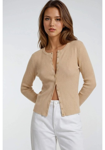 Hiccup Mixray Düğmeli Slim Fit Yivli Örgü Hırka Taba Doğal