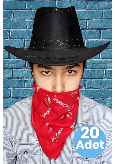 Uniquetrenders Çocuk Unisex Bandanalı 20'li Nubuk Kovboy Şapkası 8-14 Yaş Siyah 5