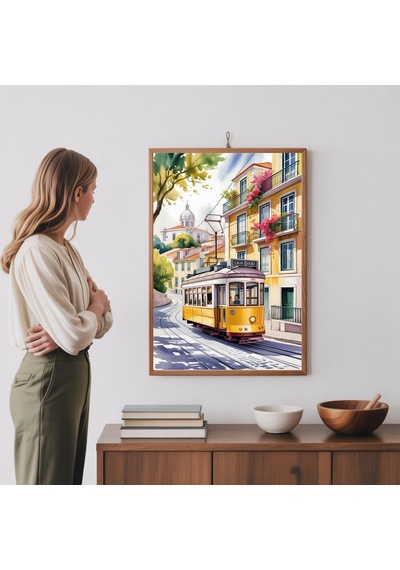 Lizbon Tramvayı Suluboya Tablo Portekiz Seyahat Sanat Baskısı