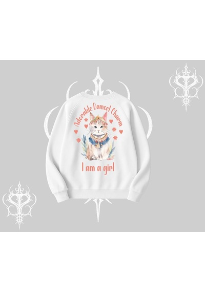 Startmore Cute Princess Kedi Tasarımlı Arka Baskılı Biskilet Sweatshirt Beyaz