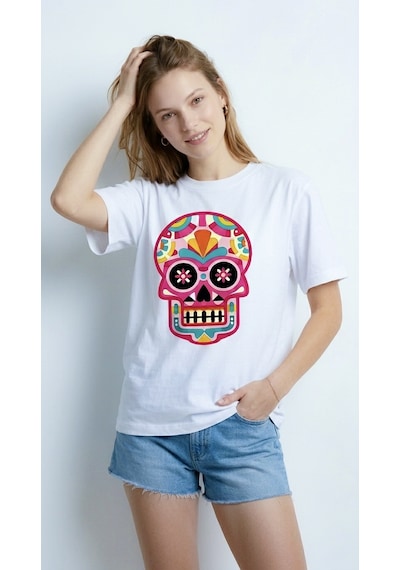 Hoxie Kadın Beyaz Renkli Meksika Kurukafası Calavera Baskılı Bisiklet Yaka Oversize Tişört