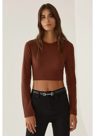 Hiccup Slim Fit Örme Crop Bluz Kestane Kahvesi