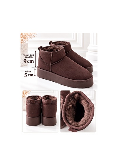Dabab Shoes Kardelen Kadın Acı Kahve Lüks Süet İçi Kürklü Sıcak Astarlı 5 Cm Kalın Tabanlı Kısa Bot Kar Botu Acı Kahverengi