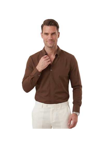 Deepsea Kahve Slim Fit Kolay Ütülenebilir Açık Dik Yaka Likralı Erkek Gömlek 2602615