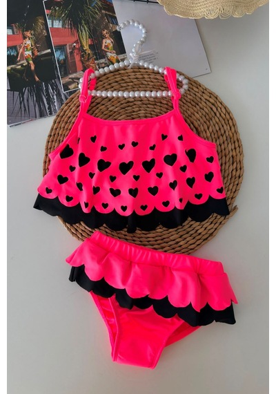 Minigimin Cicileri Kalp Desenli Fırfırlı Kız Çocuk Bikini Takımı - Fuşya