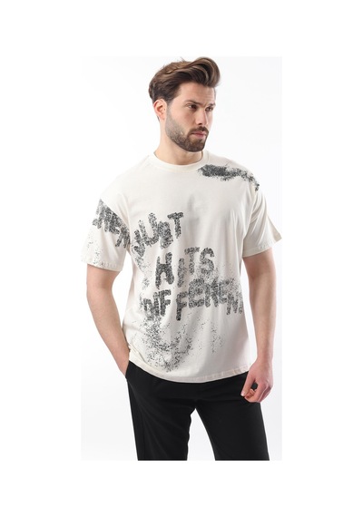 Madmext Ekru Baskılı Erkek T-shirt E7115 Ekru
