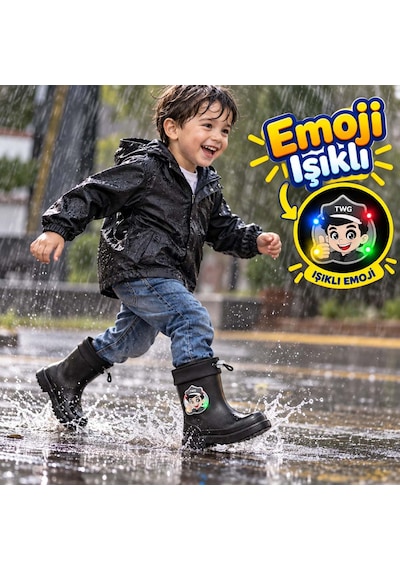 Twingo Çocuk Kışlık Emojili Işıklı Konforlu Yağmur Çizmesi Unisex Siyah