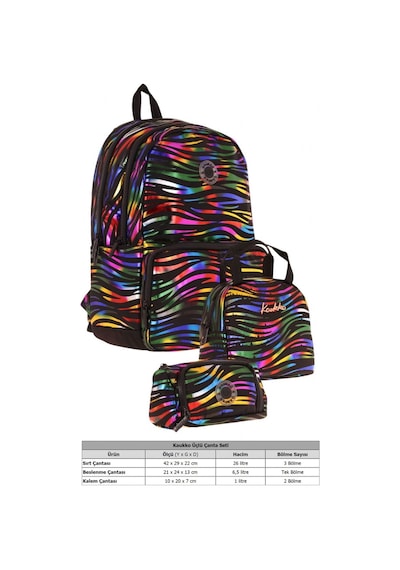 Kaukko Shine Siyah Çok Renkli Zebra Desenli Kız Çocuk Üçlü Okul Çanta Seti Siyah