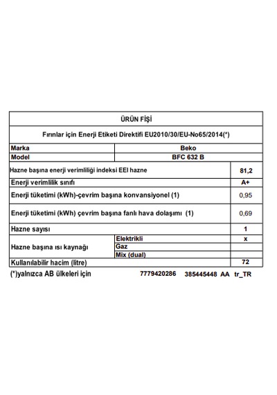 Beko BFC 632 B 72 L FitFry Buhar Destekli Fırın Beyaz