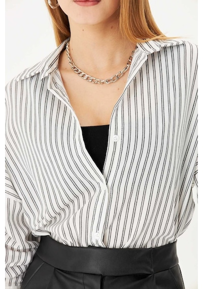 Armonika Kadın Beyaz-siyah İnce Çizgili Oversize Uzun Basic Gömlek Arm-22y001185