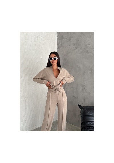 Gugus Kadın Fermuarlı Kolej Yaka Aysho Model Bol Paça Wide Leg Eşofman Takımı Bej