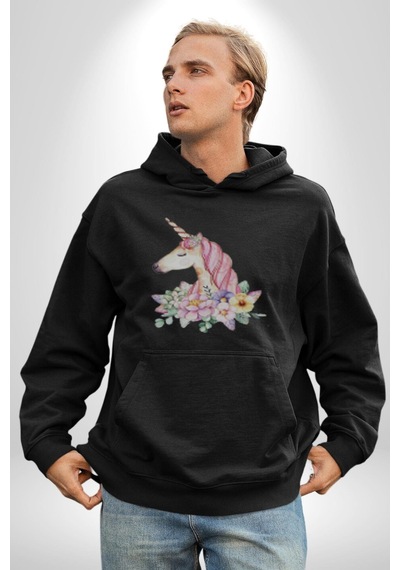 Unicorn Çiçek Kadın Erkek Siyah Kapüşonlu Sweatshirt Hoodie Siyah