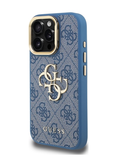 Apple Uyumlu iPhone 15 Pro Max Kılıf Guess Lisanslı Metal 4g Ve Yazı Logolu Kamera Standlı Kapak Mavi