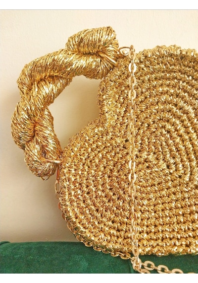 Kemzey Handmade Gold Kalp Çanta , Altın Sarı Parlak Kalp Çantası Altın