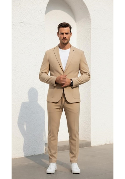 Erkek Gofre Desenli Takım Elbise Bağcıklı Pantolon Duble Paça Tek Düğme Modern Slim Fit Bej