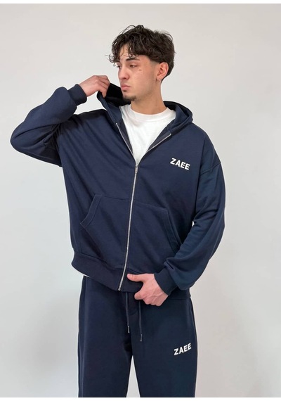 Zaee İnce Kumaş Nakışlı Oversize Premium Zip Hoodie Lacivert