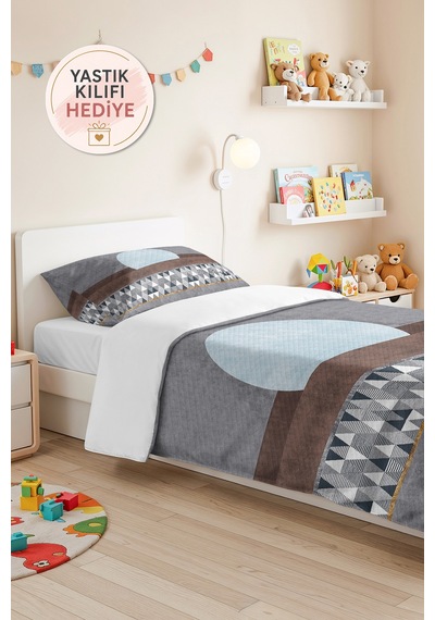 Gri Geometrik Genç Odası Tek Kişilik Pike Takımı - Mavi Kahverengi 160x220 Cm Kapitone Yatak Örtüsü Masalsı Çiçek Havası