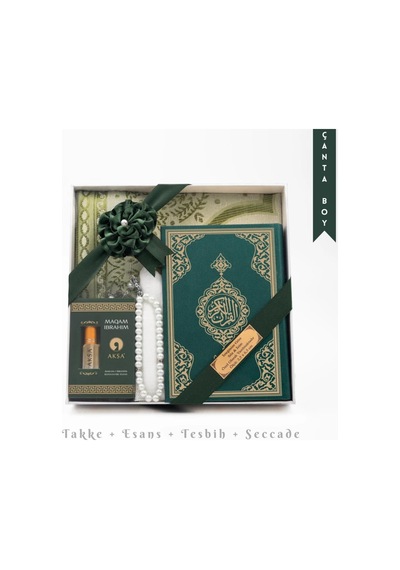Takke + Esans + Tesbih + Seccade + Kuran Hediye Seti Çanta Boy, Yeşil