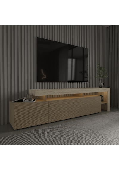 Beliz Modern Led Işıklı 3 Kapaklı, Raflı Tv Sehpası 192 Cm Traverten/sıcak Meşe