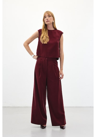 Sateen Geniş Paça Pantolon - Bordo-136450 Bordo
