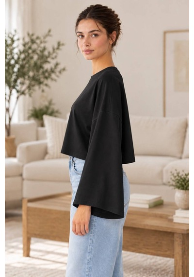 Genel Markalar Kadın Oversize Crop Geniş Kollu Basic Sweatshirt SiYAH