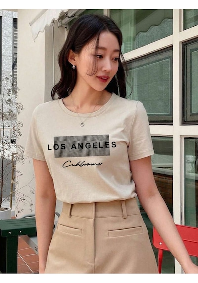 Uyguntarz Unisex Los Angeles Baskılı Tasarım Tshirt Bej