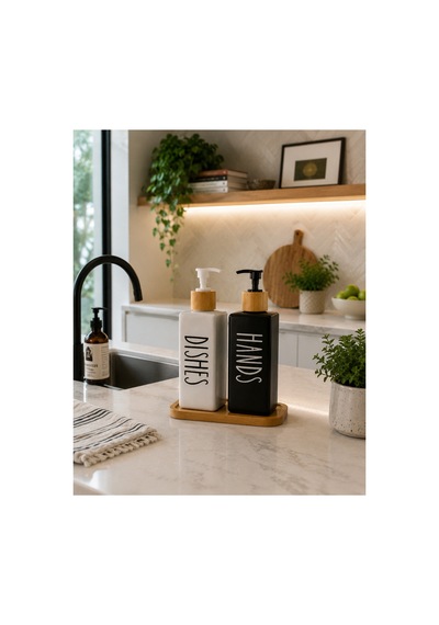 Buççin Online Mağaza Bambu Altlıklı İkili Kare Cam Sıvı Sabunluk Deterjan Seti 500ml+500ml Cam Beyaz Çok Renkli