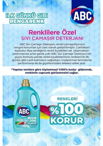Sıvı Çamaşır Deterjanı, Renkliler İçin,%100 Korur, 3 Lt