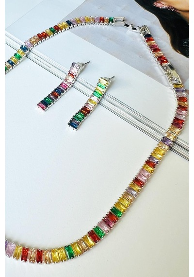 Allmisse Silver Zirkon Taşlı Baget Çok Renkli Su Yolu Bijuteri Takı Seti - Parlak Silver