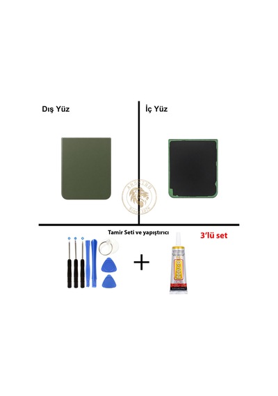 Samsung Galaxy Z Flip 4 Yeşil Renk Arka Kapak + Tamir Seti + B7000 Yapıştırıcı Arka Cam Batarya Kapağı Pil Kapağı Lazer Kesim Back Cover Galaxy Z Flip 4 Uyumlu