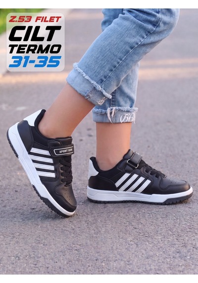 Papucumun Dünyası Çocuk Bağcıklı Cırt Cırtlı Kolay Giyimli Günlük Spor Ayakkabı Sneaker Siyah Beyaz