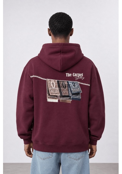 Respire Erkek Carpet Patch Detaylı Oversize Hoodie Bordo