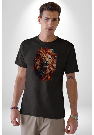 Renkli Kaplan Kükrüyor Unisex Unisex Siyah Organik Baskılı T-shirt Penye Yüksek Kalite Siyah