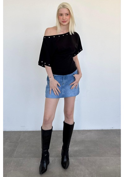 Madmext Siyah Off Shoulder Metal Detaylı Kadın Bluz Mg2671 Siyah