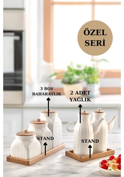 7 Parça Standlı Vakumlu Yağdanlık Ve 3'lü Çay Şeker Kahve Baharat Seti Ve Türk Kahve Kavanoz Seti Beyaz
