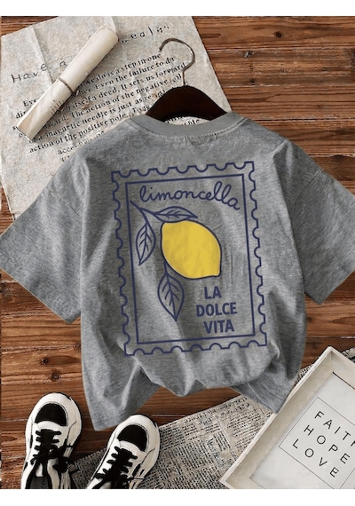 Limoncella "la Dolce Vita" Baskılı Oversize Pamuklu Kadın T-shirt Gri