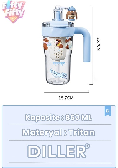 Dıller 860 Ml Pipetli & Rahat İçim Çift Kullanım Tritan Su Matarası Suluk -ffd860ml3renk Mavi