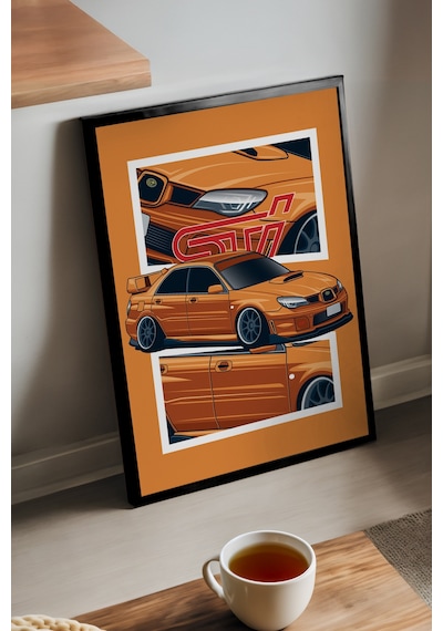 Subaru Wrx Stı Siyah Ahşap Çerçeveli Poster, Dekoratif Araba Duvar Tablosu