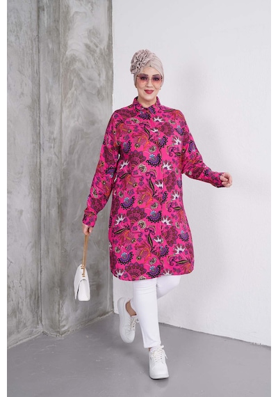 Polologin Butik Fuşya Rengi Çiçek Desenli Gömlek Tunik Fuşya