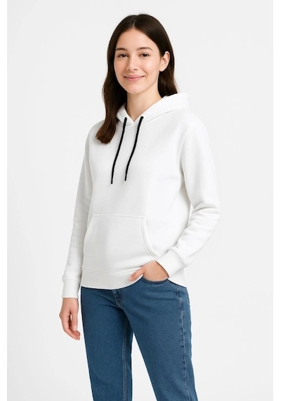 Üç İplik Kapüşonlu Kanguru Çepli Sweatshirt Hoodie - Beyaz Beyaz