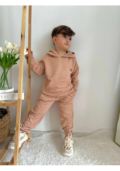 Jolly Kids Erkek Çocuk Dino Nakışlı Kanguru Cepli Kapüşonlu Takım Somon